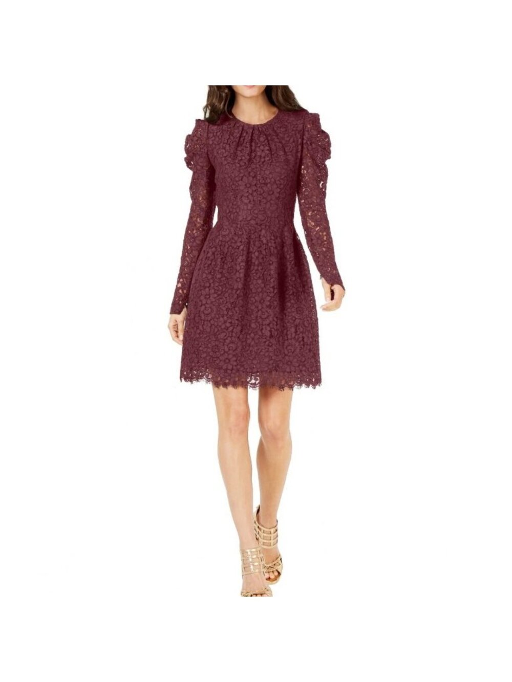 MICHAEL Michael Kors Lace Dress Size 4 Floral Fit and Flare Long Sleeve Burgundy